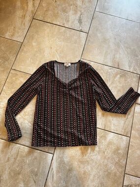 LOFT Black V-Neck Long Sleeve Top with Red, Pink and Blue Dot Stripe